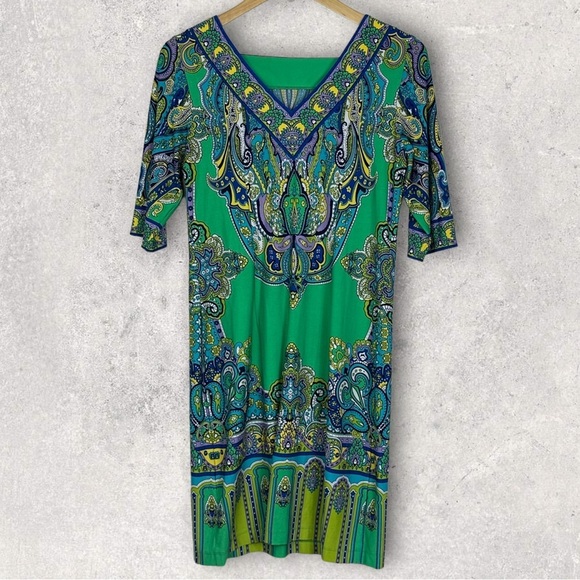 Studio One New York Green‎ Midi Dress Size 6 Stretch Boho Print 3/4 Length Boho - Picture 11 of 11